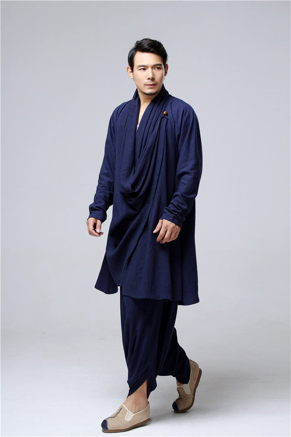 Men Eastern Zen Style Kung Fu Tai Chi Hanfu Zen Linen and Cotton Clothes Set (Top + Pant)