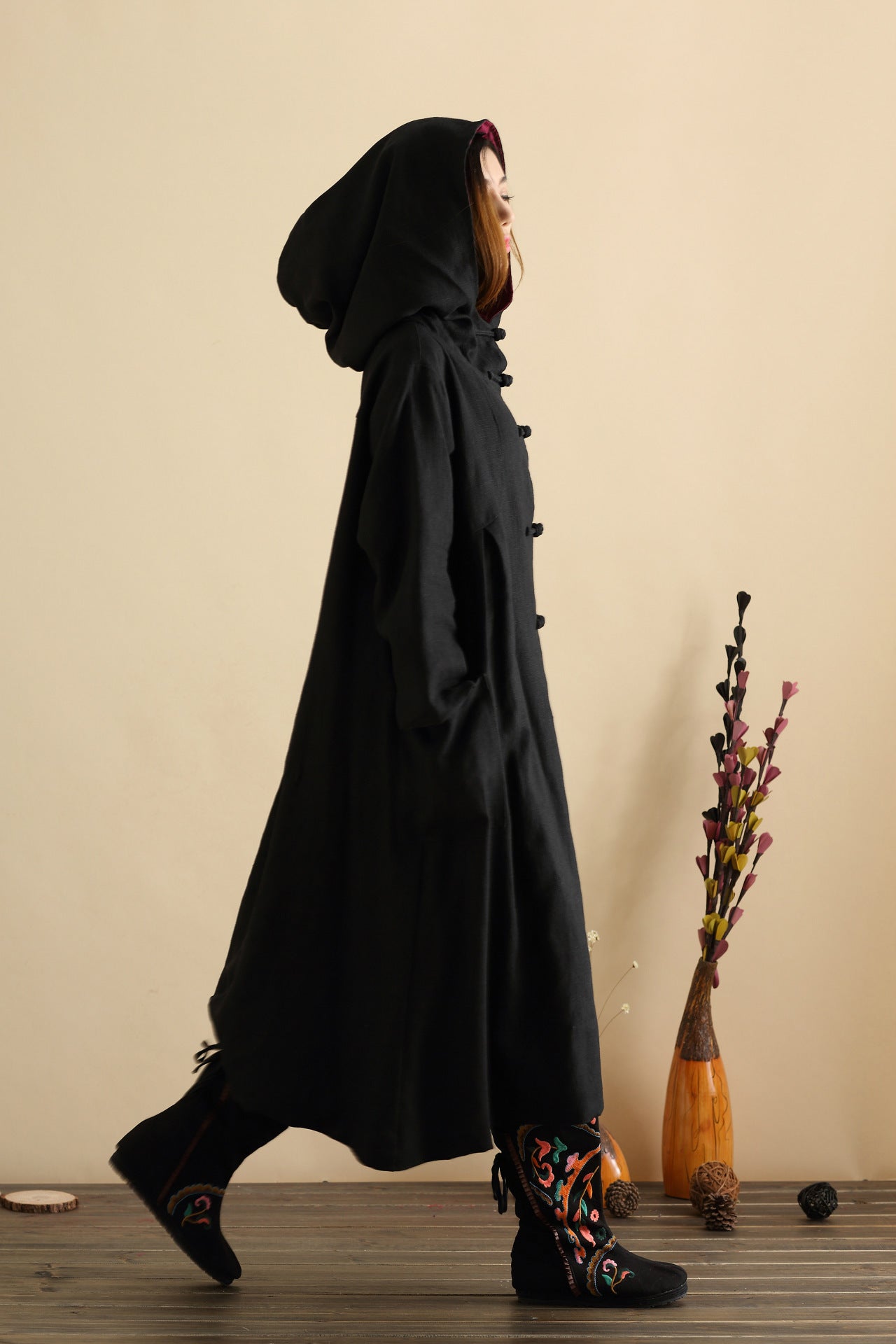 Women Simple Pure Color Witch Style Linen and Cotton Coat Hoodie Black Women Simple Pure Color Witch Style Linen and Cotton Coat Hoodie Black