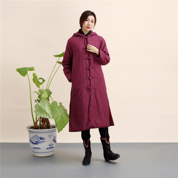 Women Retro Style Long Linen and Cotton Quilted Coat with Hoodie