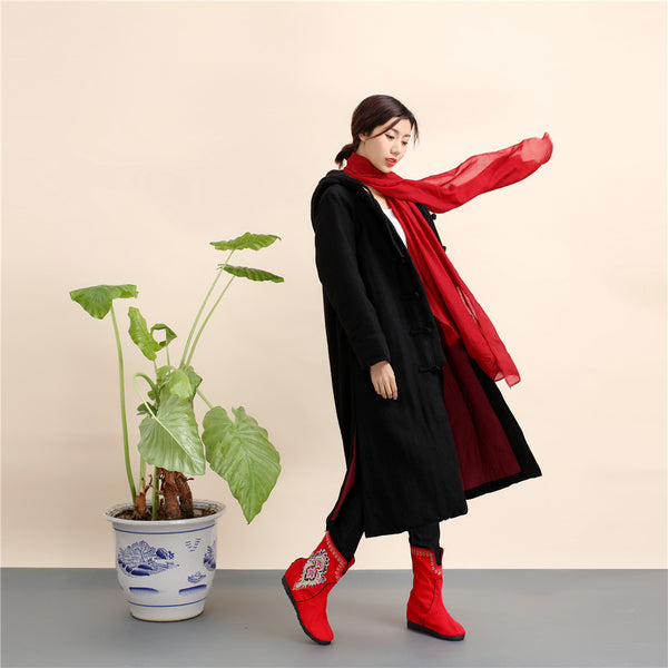 Women Retro Style Long Linen and Cotton Quilted Coat with Hoodie