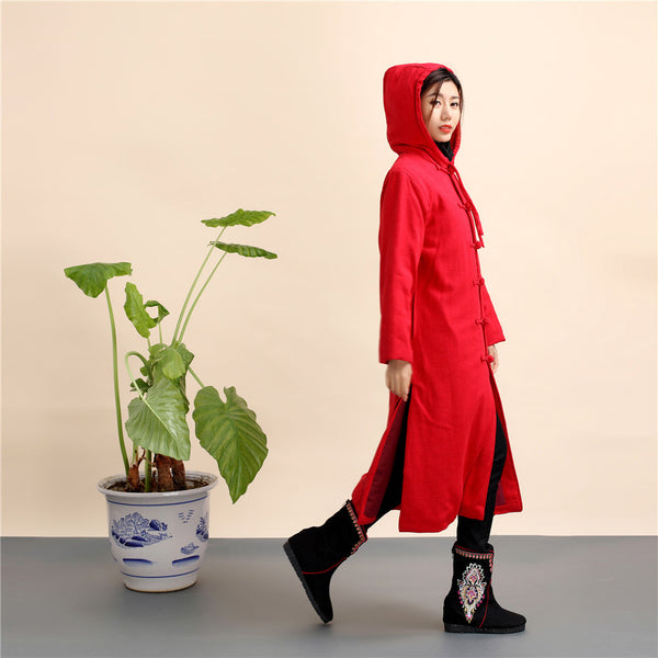 Women Retro Style Long Linen and Cotton Quilted Coat with Hoodie