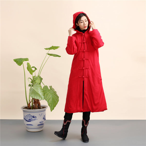 Women Retro Style Long Linen and Cotton Quilted Coat with Hoodie