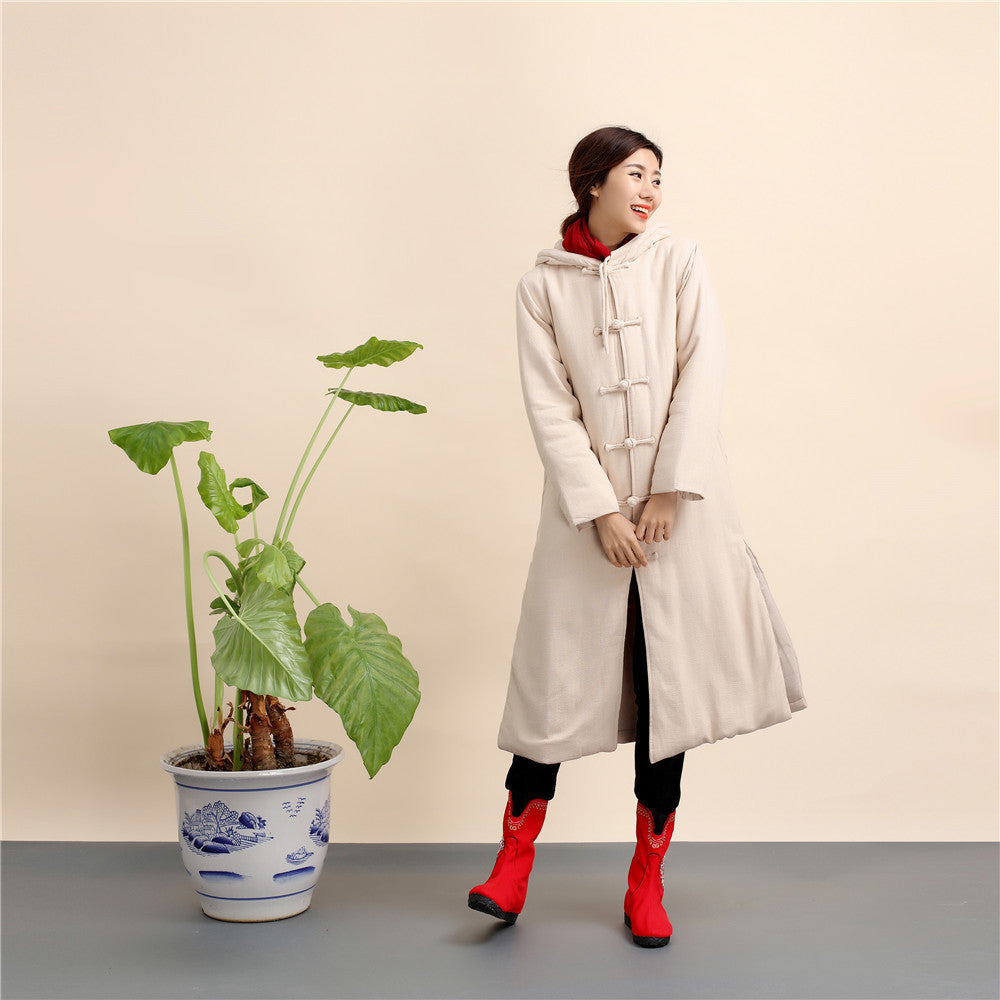 Women Retro Style Long Linen and Cotton Quilted Coat with Hoodie