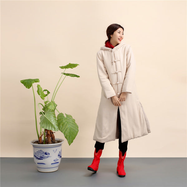 Women Retro Style Long Linen and Cotton Quilted Coat with Hoodie