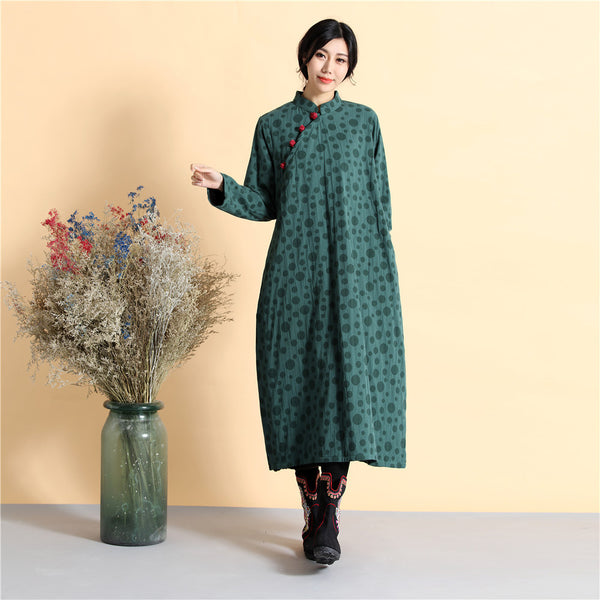 Women Asian Style Long Top Buckle Linen and Cotton Dress (inner with velvet)