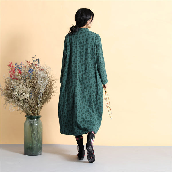 Women Asian Style Long Top Buckle Linen and Cotton Dress (inner with velvet)