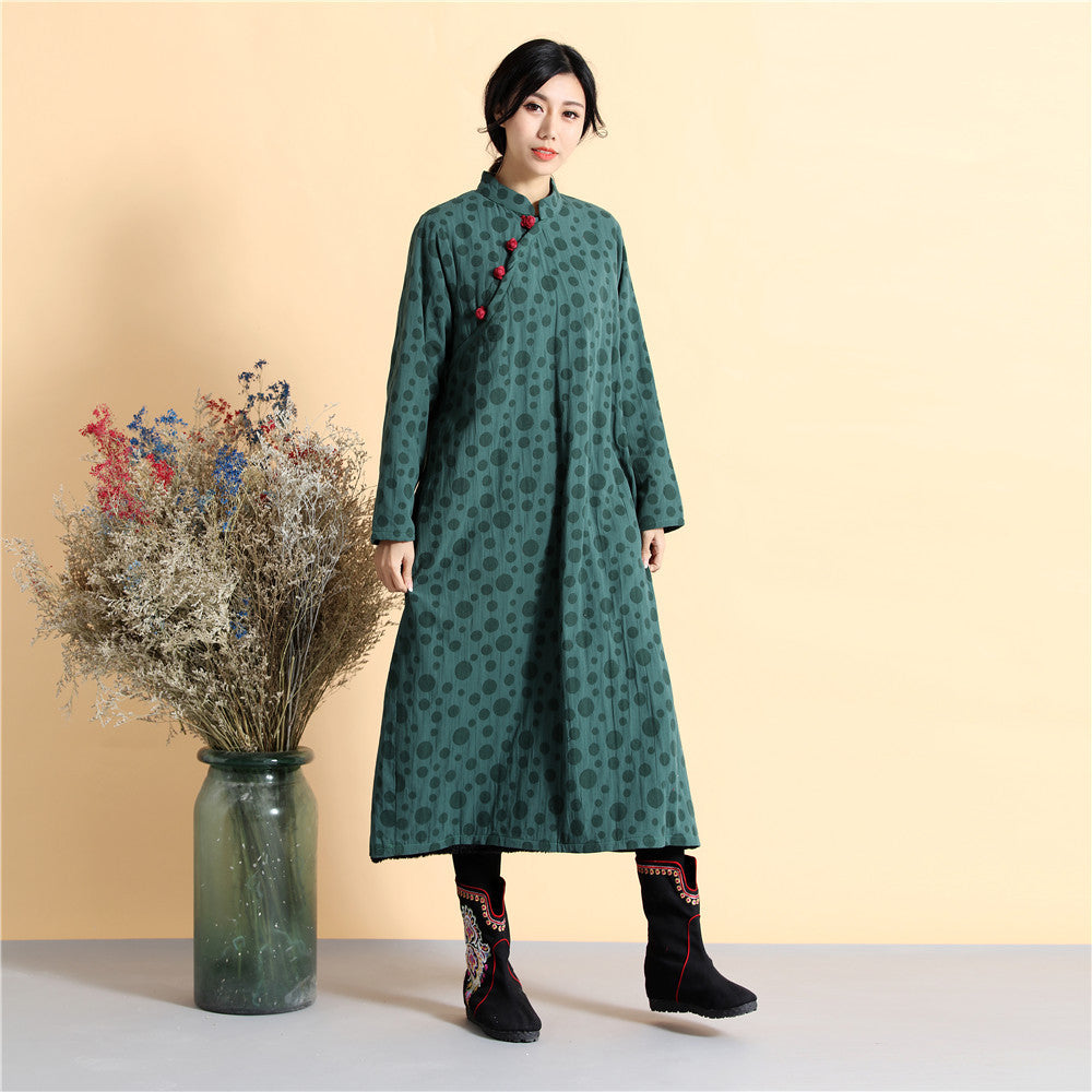 Women Asian Style Long Top Buckle Linen and Cotton Dress (inner with velvet)