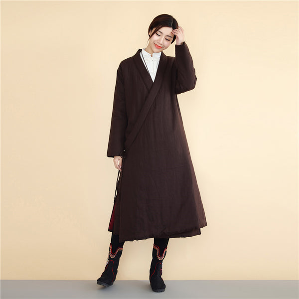 Women Asian Robes Style Causal Long Loose Linen and Cotton Quilted Coat