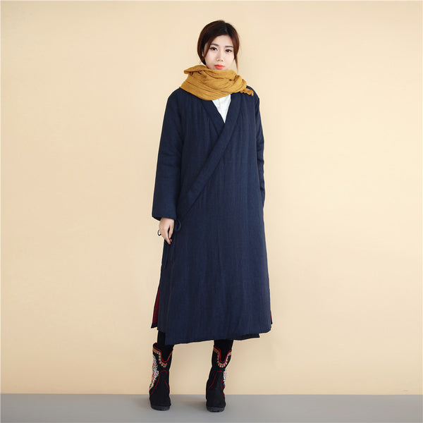 Women Asian Robes Style Causal Long Loose Linen and Cotton Quilted Coat