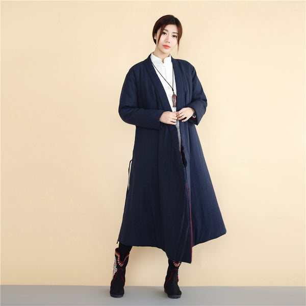 Women Asian Robes Style Causal Long Loose Linen and Cotton Quilted Coat