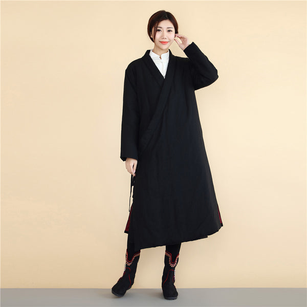 Women Asian Robes Style Causal Long Loose Linen and Cotton Quilted Coat