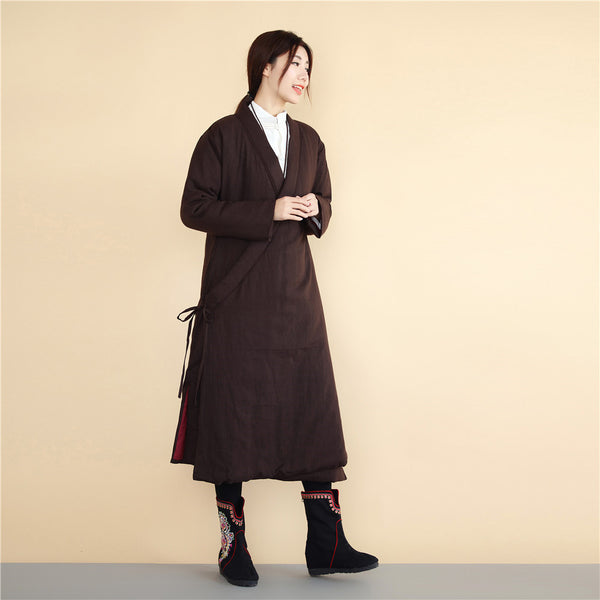 Women Asian Robes Style Causal Long Loose Linen and Cotton Quilted Coat