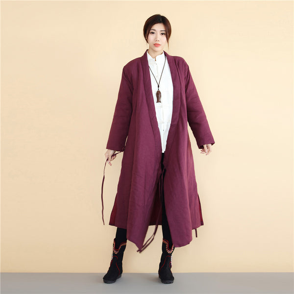 Women Asian Robes Style Causal Long Loose Linen and Cotton Quilted Coat