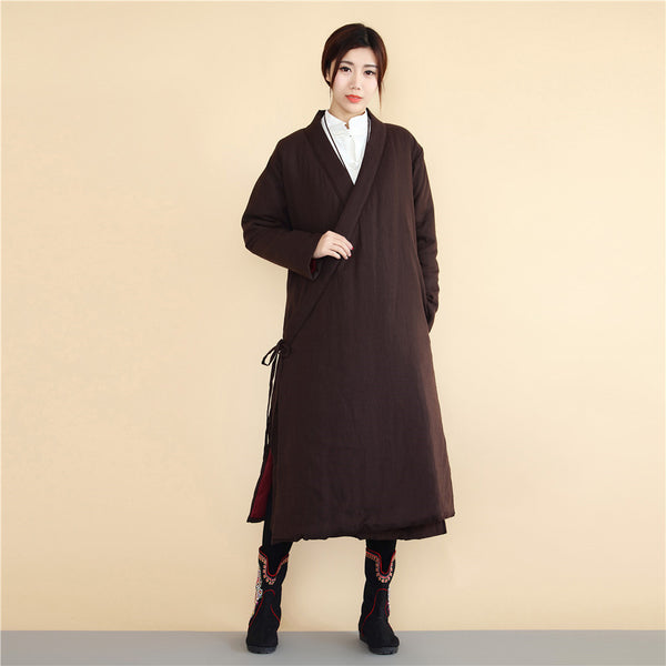 Women Asian Robes Style Causal Long Loose Linen and Cotton Quilted Coat