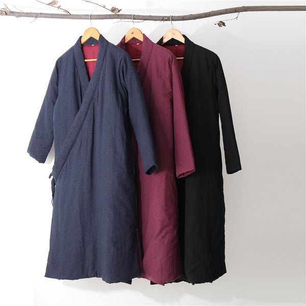 Women Asian Robes Style Causal Long Loose Linen and Cotton Quilted Coat