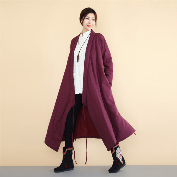 Women Asian Robes Style Causal Long Loose Linen and Cotton Quilted Coat