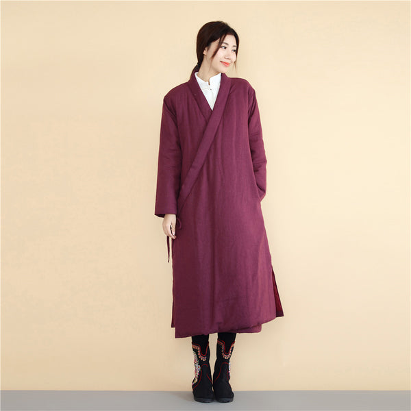 Women Asian Robes Style Causal Long Loose Linen and Cotton Quilted Coat