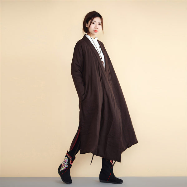 Women Asian Robes Style Causal Long Loose Linen and Cotton Quilted Coat