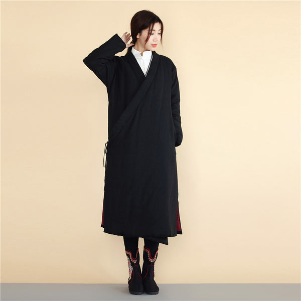 Women Asian Robes Style Causal Long Loose Linen and Cotton Quilted Coat