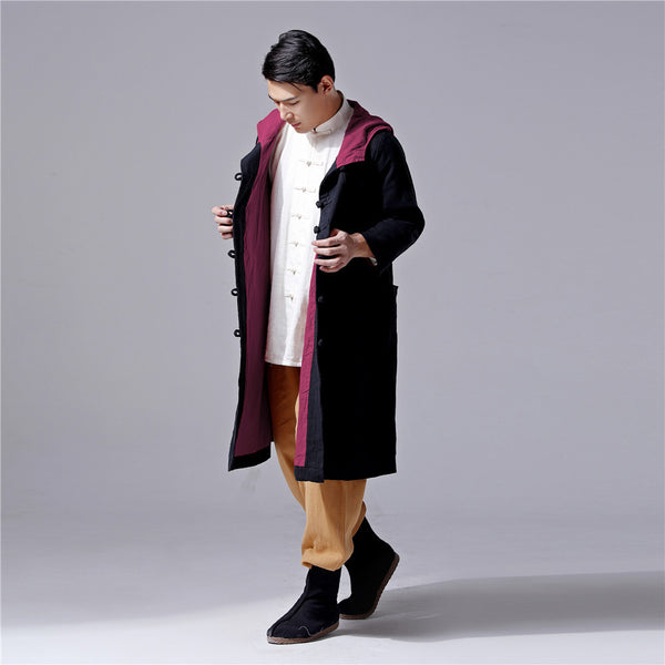 Men Simple Pure Color Witch Style Linen and Cotton Coat Hoodie (Black Color Only)