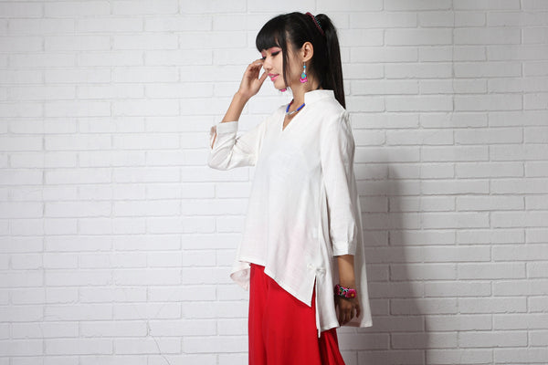 Women Causal Style Loose V Collar Long Sleeve Linen and Cotton Blouses