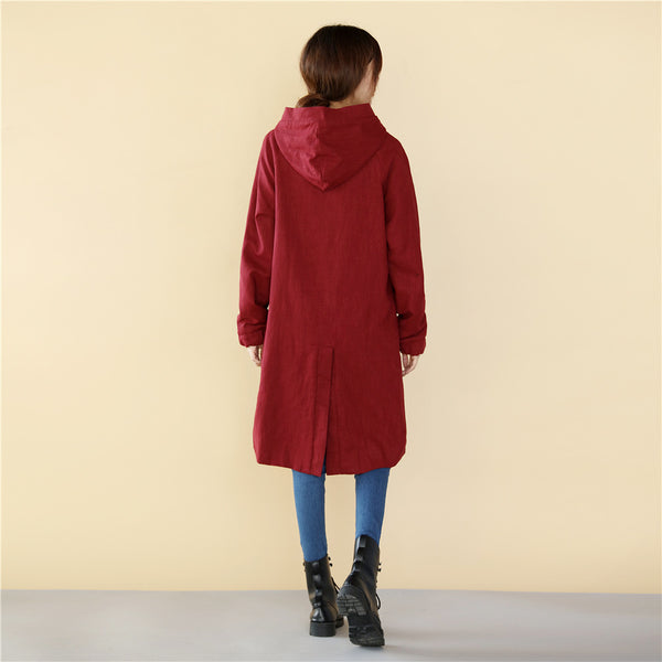 Women Simple Pure Color Linen and Cotton Knee Length Coat with Hoodie