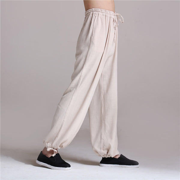 Men Casual Pure Color Loose Cotton and Linen Chinese KungFu Pants