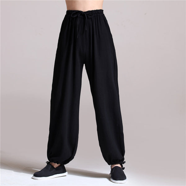 Men Casual Pure Color Loose Cotton and Linen Chinese KungFu Pants