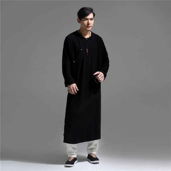 Men Chinese Traditional Causal Style Kung Fu Tai Chi Hanfu Linen and Cotton Long Cheongsam