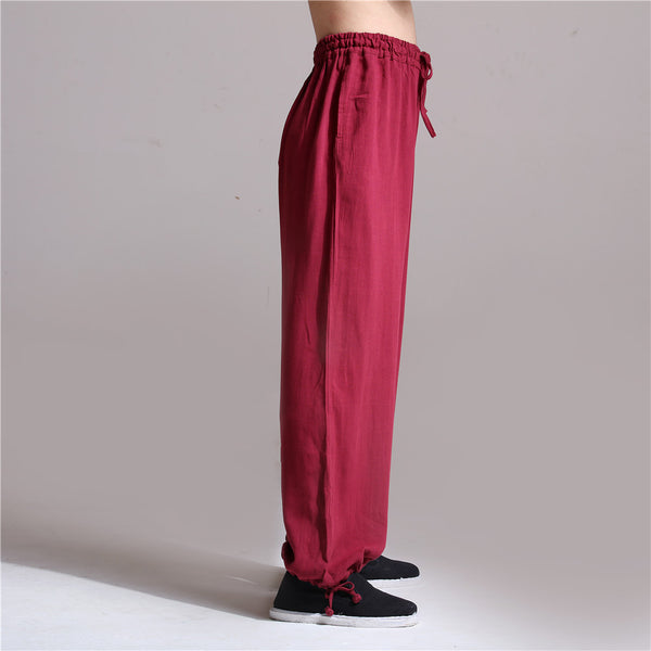 Men Casual Pure Color Loose Cotton and Linen Chinese KungFu Pants