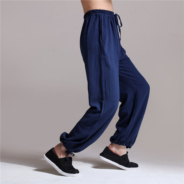 Men Casual Pure Color Loose Cotton and Linen Chinese KungFu Pants