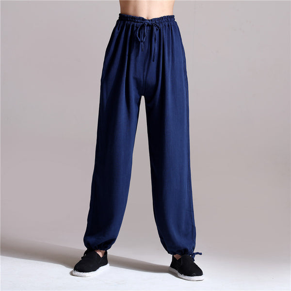 Men Casual Pure Color Loose Cotton and Linen Chinese KungFu Pants