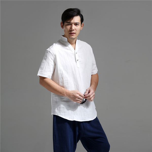 Men Silver Buckle Zen Style Linen and Cotton Short Sleeve Tops