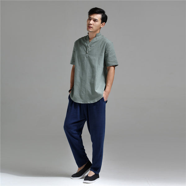 Men Silver Buckle Zen Style Linen and Cotton Short Sleeve Tops