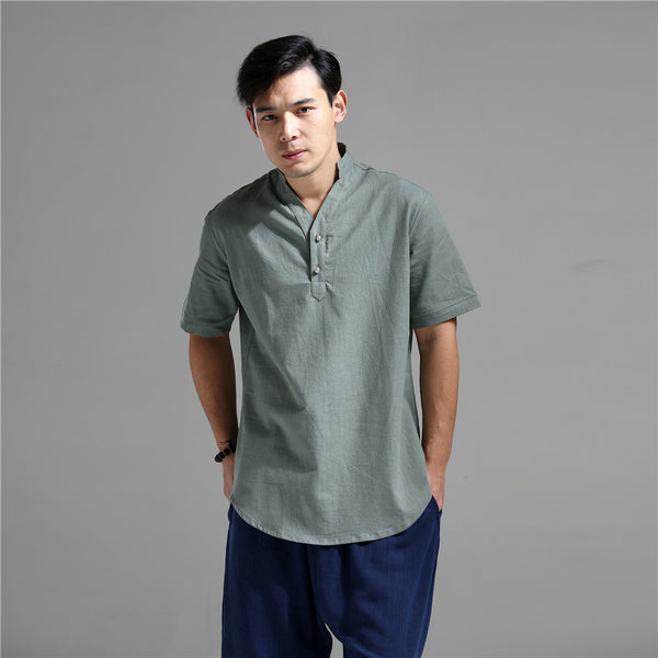 Men Silver Buckle Zen Style Linen and Cotton Short Sleeve Tops