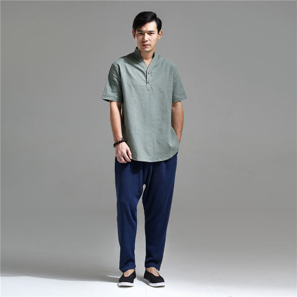 Men Silver Buckle Zen Style Linen and Cotton Short Sleeve Tops