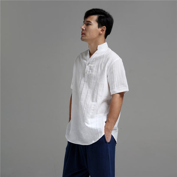 Men Silver Buckle Zen Style Linen and Cotton Short Sleeve Tops