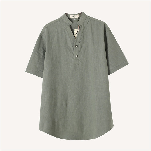 Men Silver Buckle Zen Style Linen and Cotton Short Sleeve Tops