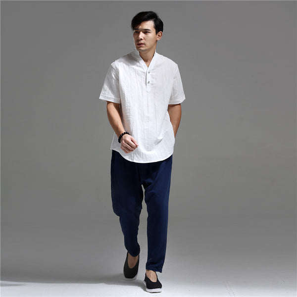 Men Silver Buckle Zen Style Linen and Cotton Short Sleeve Tops