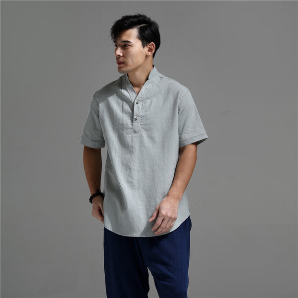 Men Silver Buckle Zen Style Linen and Cotton Short Sleeve Tops