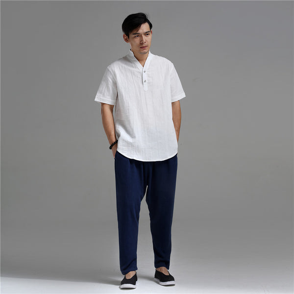 Men Silver Buckle Zen Style Linen and Cotton Short Sleeve Tops