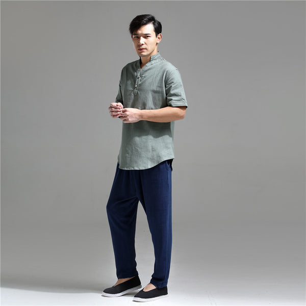 Men Silver Buckle Zen Style Linen and Cotton Short Sleeve Tops