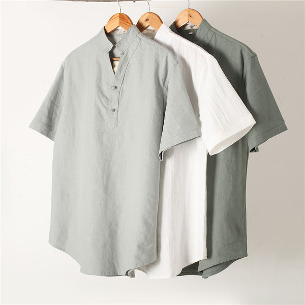 Men Silver Buckle Zen Style Linen and Cotton Short Sleeve Tops