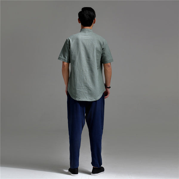 Men Silver Buckle Zen Style Linen and Cotton Short Sleeve Tops