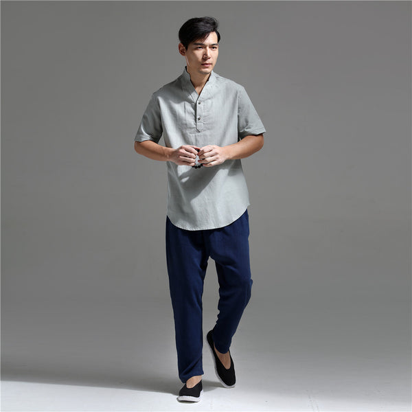 Men Silver Buckle Zen Style Linen and Cotton Short Sleeve Tops