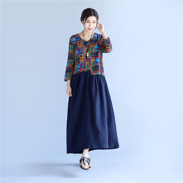 Women Asian Style Printed Causal Tea Length Linen and Cotton Dress