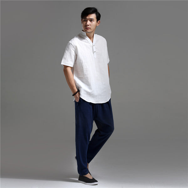 Men Silver Buckle Zen Style Linen and Cotton Short Sleeve Tops