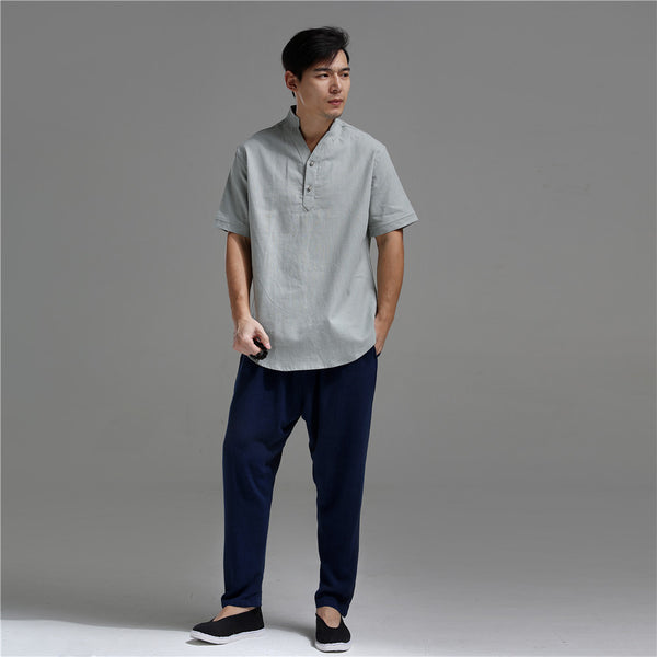 Men Silver Buckle Zen Style Linen and Cotton Short Sleeve Tops