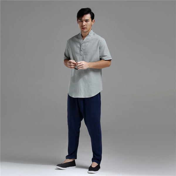 Men Silver Buckle Zen Style Linen and Cotton Short Sleeve Tops