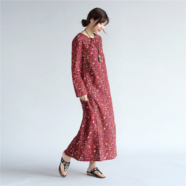 Women Eastern Style Tea Length Printed Hangfu Type Linen and Cotton Dress